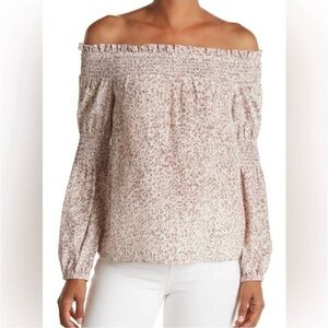 L’AGENCE Mona Smocked Off The Shoulder Silk Leopard Print Blouse Top XS